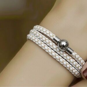 Linx Triple White Leather Braided Cord Bracelet with a Magnetic Clasp